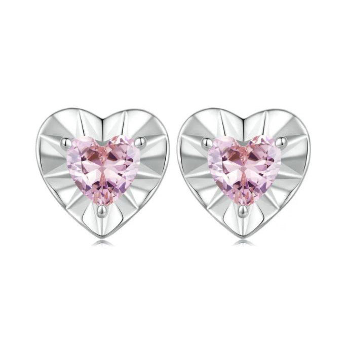 pink heart earrings in sterling silver studs cubic zirconia
