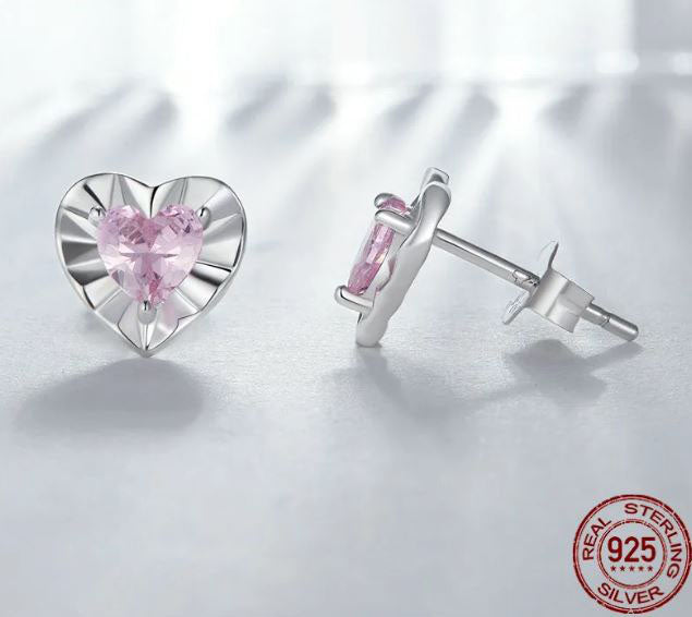 Pink Earrings Sterling Silver Push Back Stud Heart