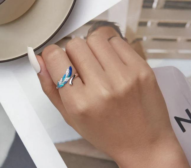 Open Ring Blue Feather Sterling Silver