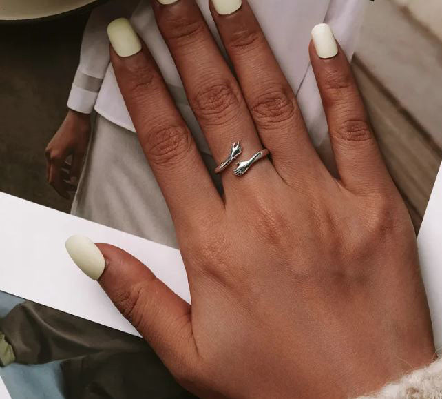 Rose Gold Ring 925 Sterling Silver Open Hands Hug Friendship