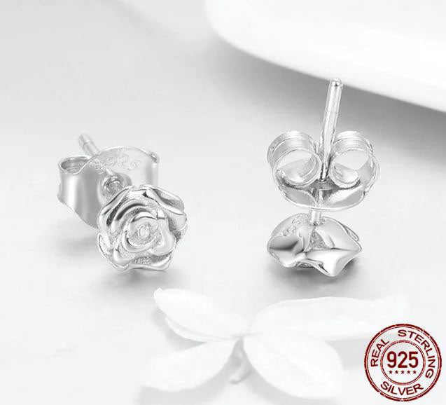 Rose Earrings Screw Back Stud Sterling Silver