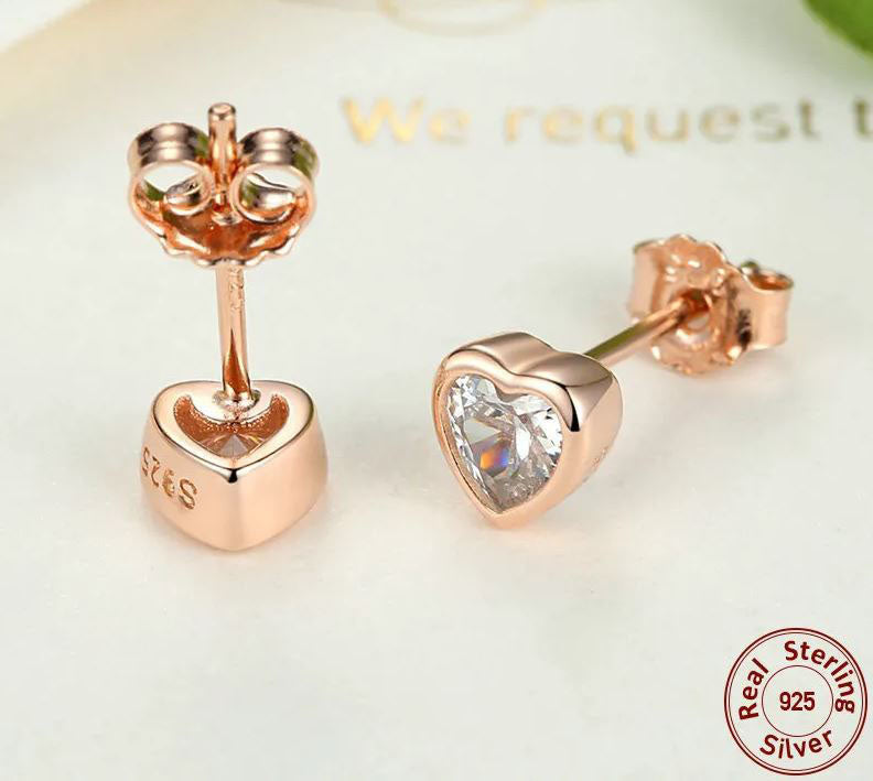 Stud Earrings Push Back Rose Gold Heart