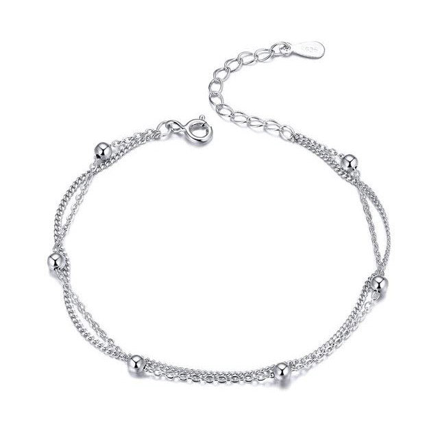 Sterling Silver Double Layer Bracelet For Women Round Beads