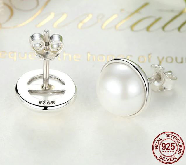 White Earrings Sterling Silver Shell Stud Round