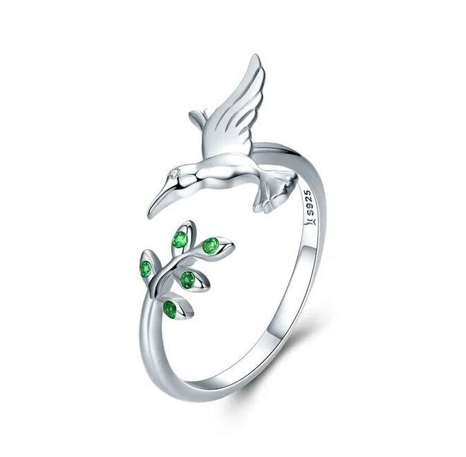 Bird Ring 925 Sterling Silver Green Spring Tree Leaves Adjustable