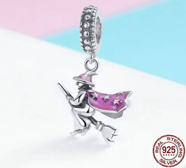 925 Sterling Silver Magic Witch Charm Cubic Zirconia