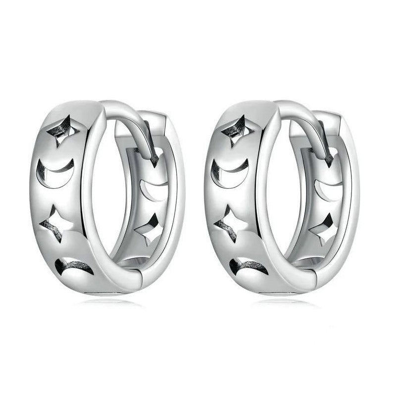 Moon and star earrings 925 Sterling Silver Hoop