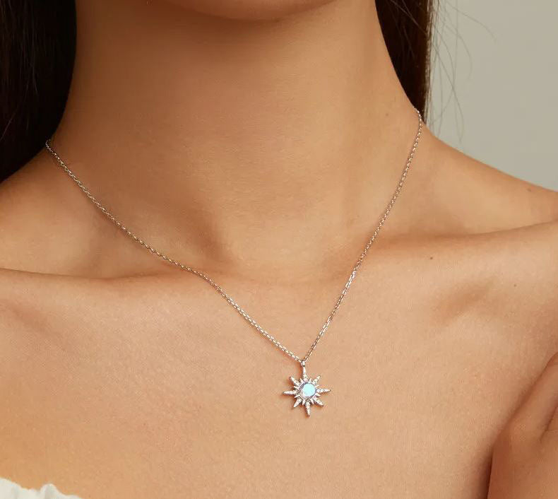 Moonstone Necklace Pendant Colorful Starburst Sterling Silver