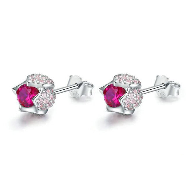 Sterling Silver Pink Flower Earrings For Women Tulip Stud