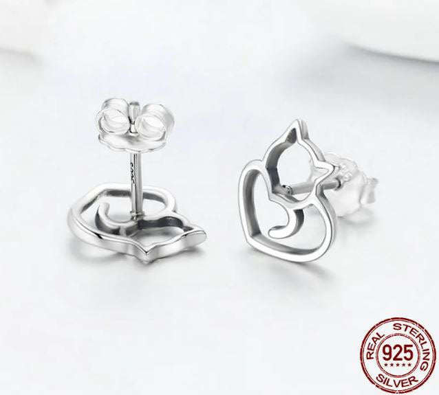 Cat Earrings Push Back Stud Sterling Silver