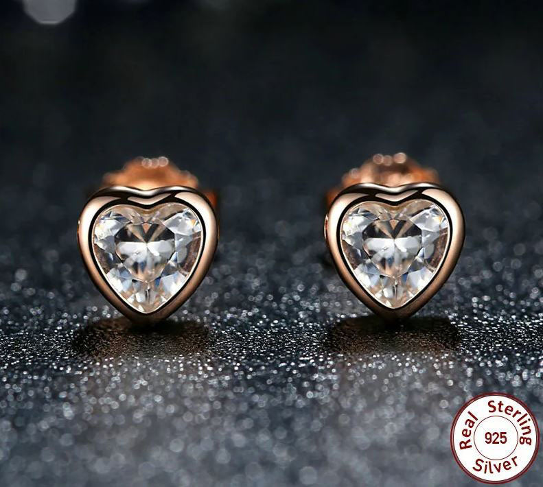 Rose Gold Earrings Sterling Silver Push Back Stud Heart