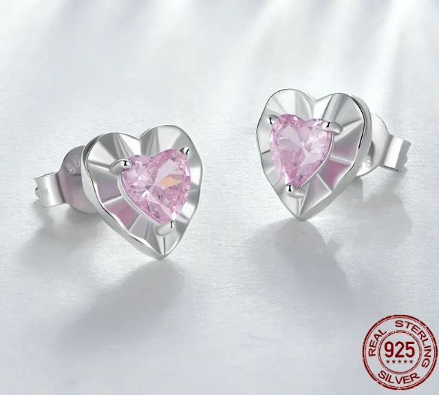 Heart Earrings Push Back Pink Stud Sterling Silver