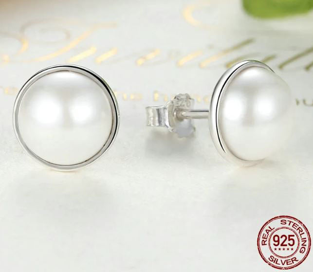 Round Earrings Shell White Stud Sterling Silver