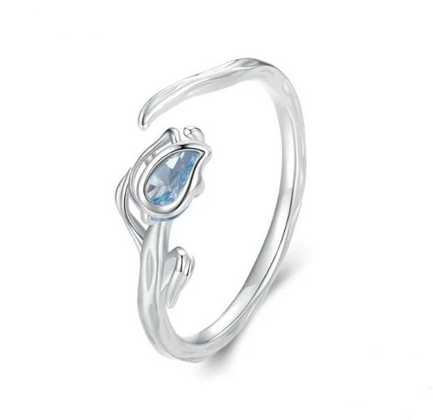 Tulip Ring Flower Adjustable Blue sterling silver