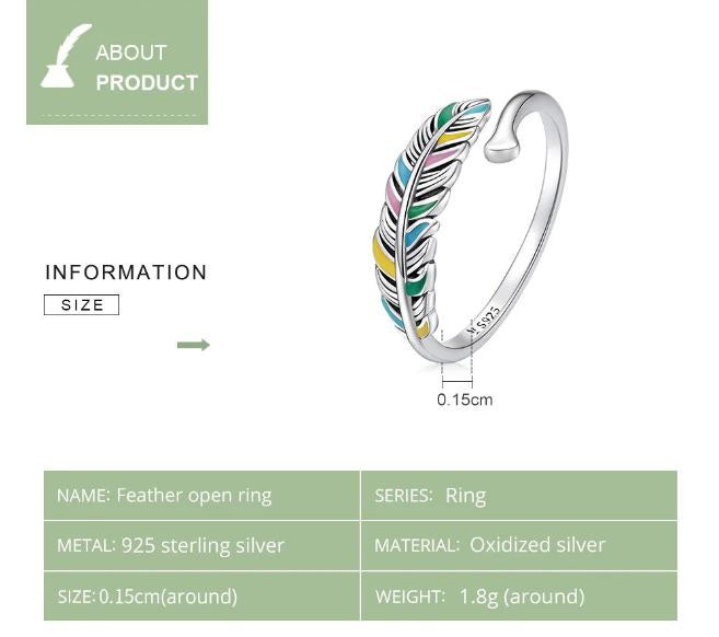 925 Sterling Silver Feather Ring For Women Colourful