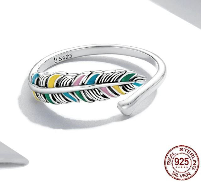 Colourful Ring 925 Sterling Silver Feather Adjustable Open