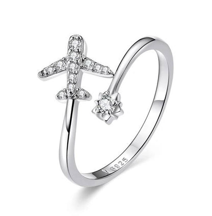 silver Airplane Ring with Flower Adjustable Clear