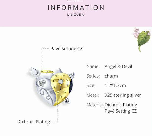 Angel and Devil Heart Charm Two Tone  