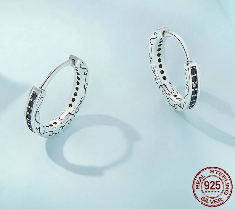 925 Sterling Silver Hoop Earrings Bead Cut Black