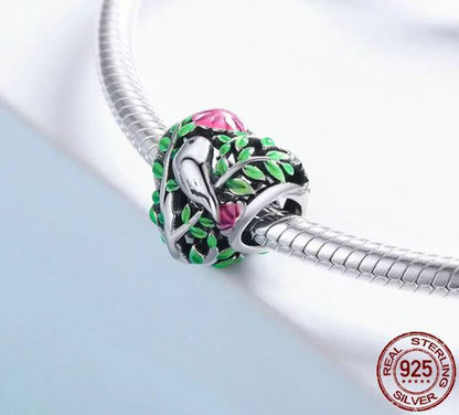 Charm For Women Flower Heart Bird in the Woods 925 Sterling Silver