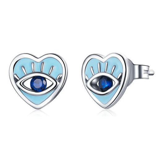 blue heart earrings with eye stud style in sterling silver