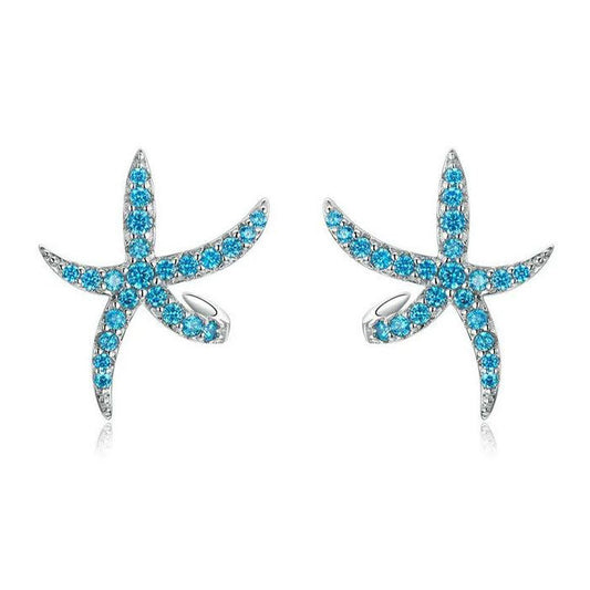 Blue Starfish Earrings 925 Sterling Silver Stud 