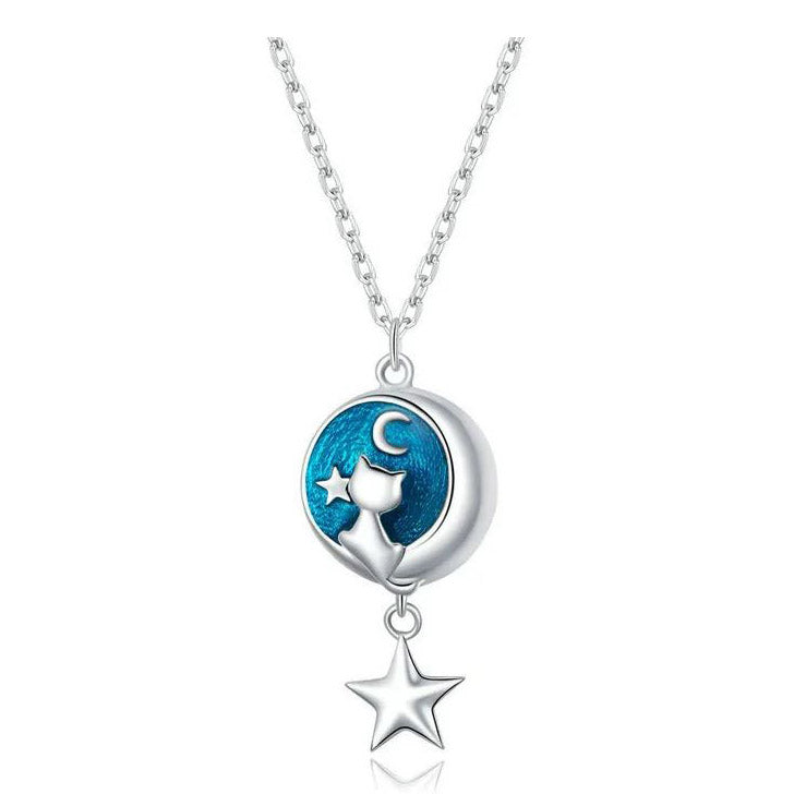 925 Sterling Silver Moon & Cat Necklace Pendant Blue