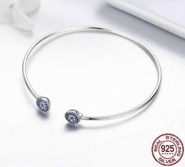 925 Sterling Silver Cuff Bangle Bracelet Cubic Zirconia Blue