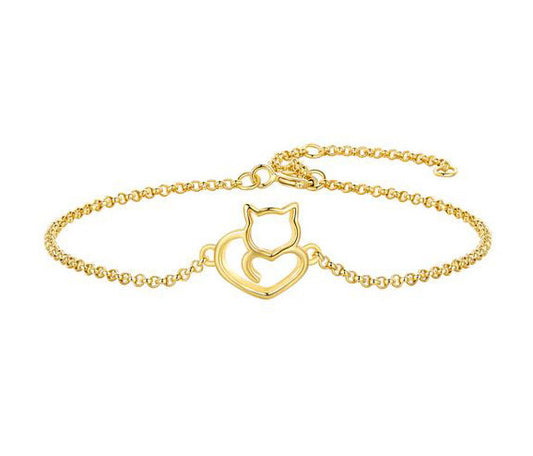 Gold Bracelet 925 Sterling Silver Cat And Heart Woman Link Chain Adjustable