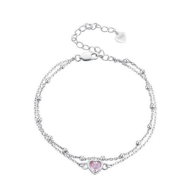 Pink Bracelet 925 Sterling Silver Double Layer Woman Heart