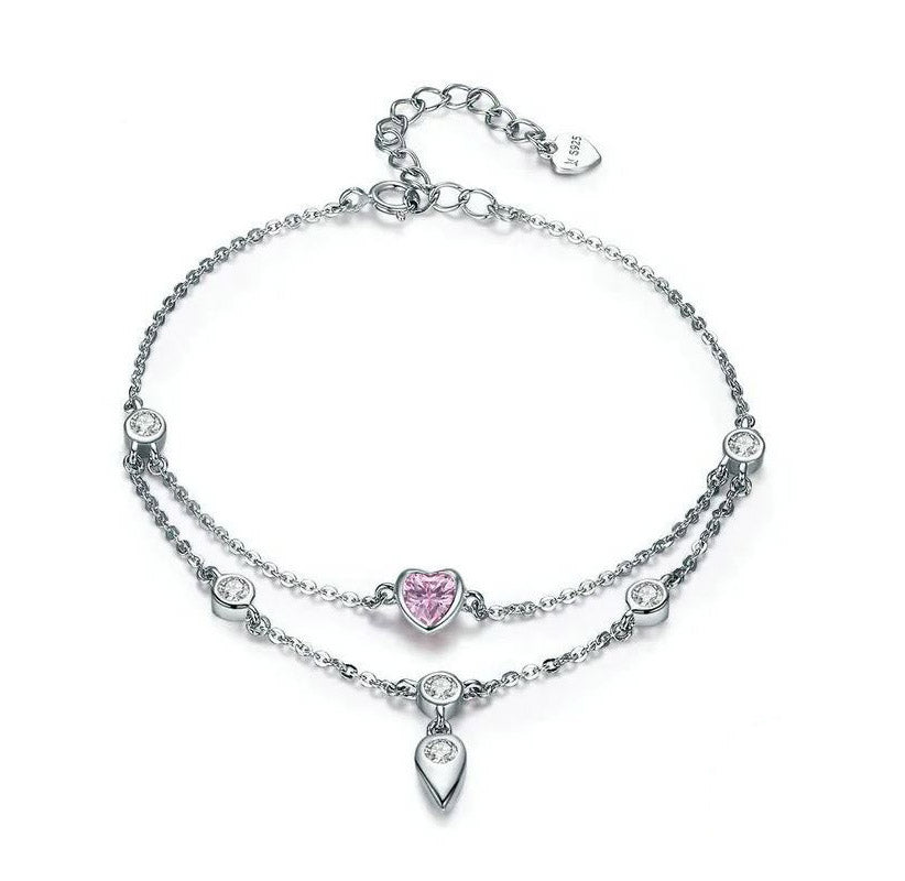 Pink Bracelet 925 Sterling Silver Heart Woman Double Layer