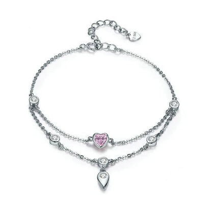 Pink heart Bracelet 925 Sterling Silver Double Layer