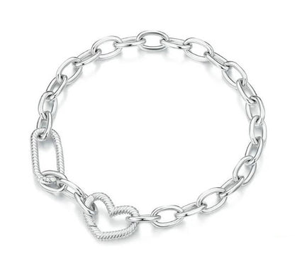 Sterling Silver chain link Bracelet For Women Heart Charm 