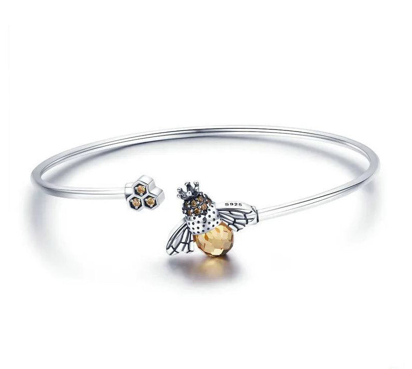 Sterling Silver Bracelet For Women Open Bangle Crystal Bee