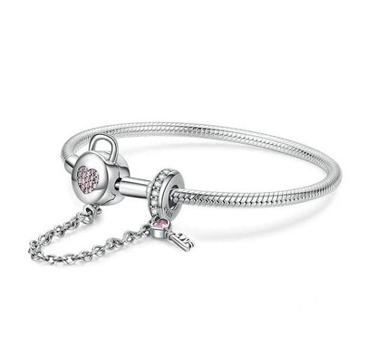 Lock and key bracelet with pink heart and sname chain 925 Sterling Silver