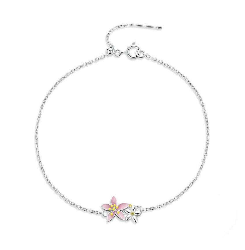 Sterling Silver Bracelet For Women Snake Chain Cherry Blossom