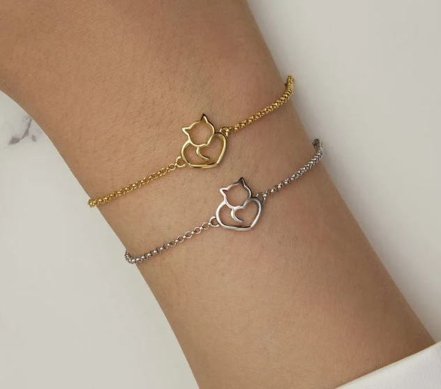 Woman Bracelet Gold Cat And Heart Sterling Silver