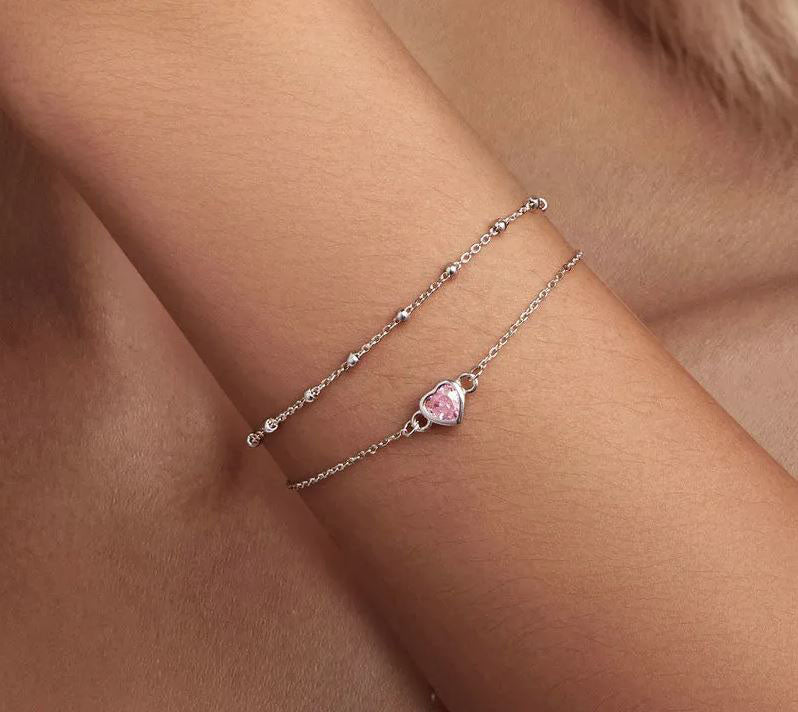 925 Sterling Silver Double Layer Bracelet For Women Pink