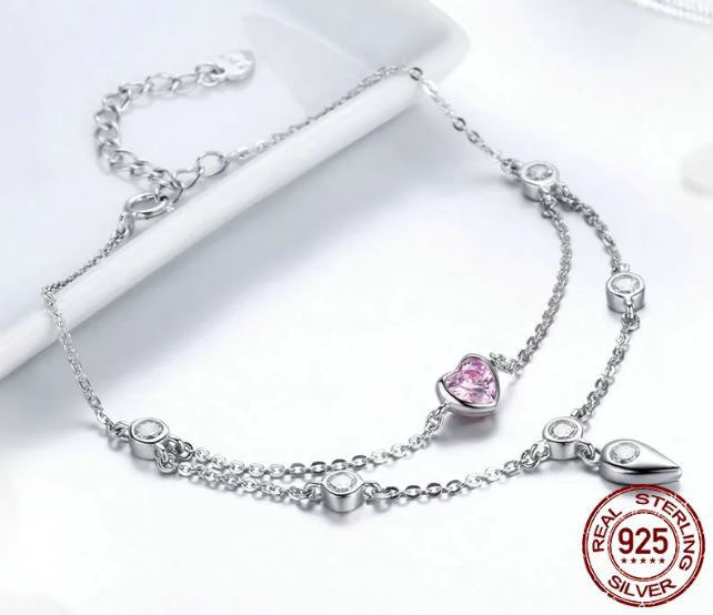 925 Sterling Silver Heart Bracelet Cubic Zirconia Pink