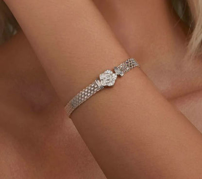 925 Sterling Silver Wide Band Bracelet Cubic Zirconia Clear