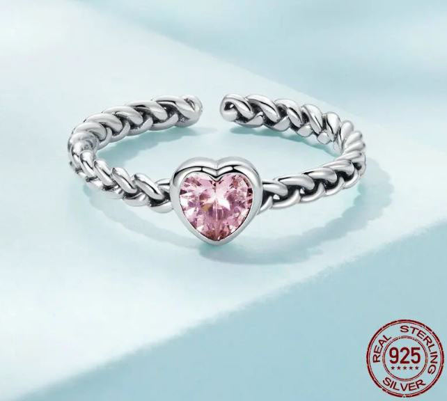 Braided  Ring Pink Heart Sterling Silver