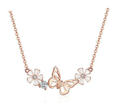 Sterling Silver Necklace For Women Butterfly  Flower Enamel