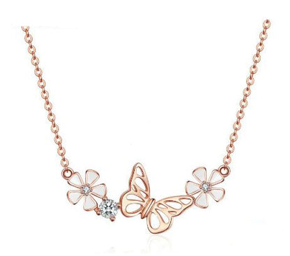 rose gold butterfly and flower necklace in sterling silver