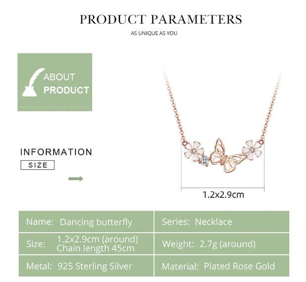 Butterfly  Necklace Pendant Flower Enamel Rose Gold