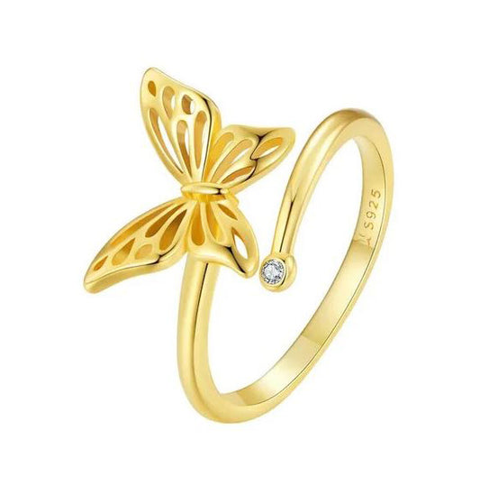 Women's Butterfly Open Gold Adjustable Sterling Silver Ring