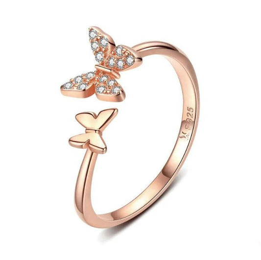 925 Sterling Silver Butterfly Ring Cubic Zirconia Rose Gold