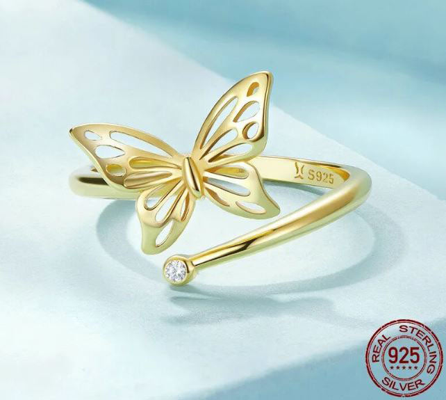 Women's Butterfly Open Gold Adjustable Sterling Silver Ring