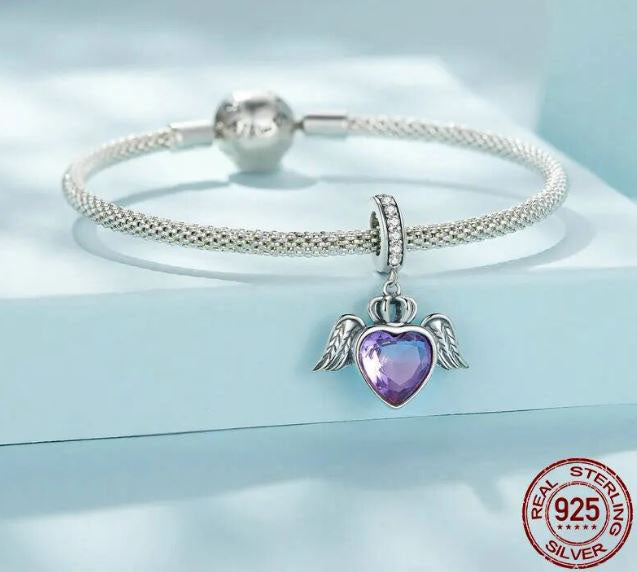  Charm Sterling Silver Angel Wings Heart 