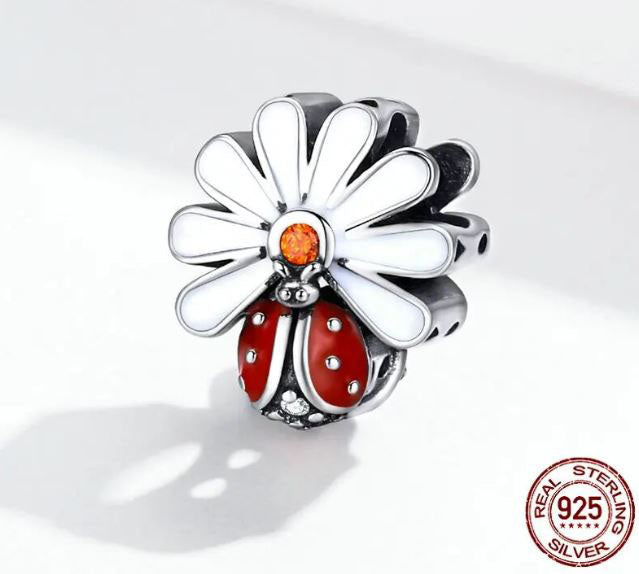 Women's Charm Daisy Flower  Ladybug Sterling Silver