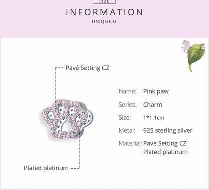 925 Sterling Silver Pet Cat Paw Charm For Women 